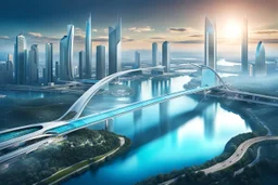 Dreamlike Skyline of Downtown futuristic hightech city in 4050 and a stunning futuristic Bridge During Sunlight over the azur-silver color river, cold colors, high detalied, sci-fi, landscape