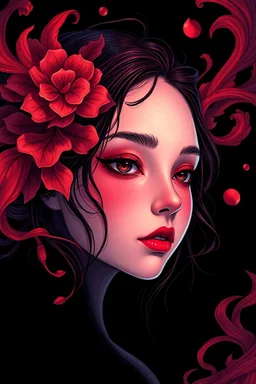 A girl face in the backgound in James Jean illustration style, vibrant colors, red colors, intricate details, flowing objects, ethereal lighting, 4k resolution, black background