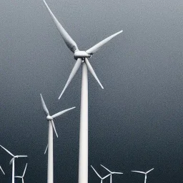 Thousands vertical wind turbines. Heavy cold rain. Strong wind. An engineer looking up. Futuristic scenary. Metallic mist.