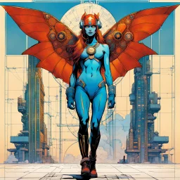 Hand drawn technical,full body portrait illustration , with detailed blueprints and engineering schematics of a walking Atlas moth insect girl, in the comic book art style of BILL SIENKIEWICZ and JEAN GIRAUD MOEBIUS, with highly detailed facial features, drawings, and technical notation, 8k, vibrant natural colors