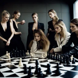 A chess game with female fashion models as the chess pieces.