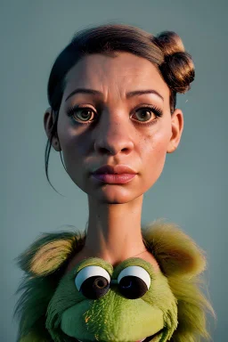 Realistic image, waist up portrait, hybrid made up of a real woman's body and a muppet's head mask ,concept art, smooth, unreal engine 5, god lights, ray tracing, RTX, lumen lighting, ultra detail, volumetric lighting, 3d, finely drawn, high definition, 4k.