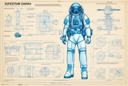 ConceptSheet diagram blueprint [by Frank Kupka]: sci-fi equipment to investigate and capture a serial killer, including the colors for an under cover SCUBA suit.
