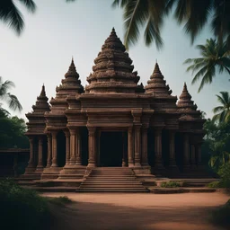 A beautiful south Indian temple, insanely stunning architecture, A tamil nadu temple, scenic lush tropical backdrop, in the style of dark hues, rural India, coded patterns, sparse and simple, uhd image, urbancore, sovietwave, negative space, award-winning design, perfect lighting, leica summicron 35mm f2.0, kodak portra 400, film grain