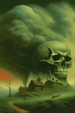 A factory spewing a toxic cloud, gas in the form of a skull,in the style Zvidslav Beksinski