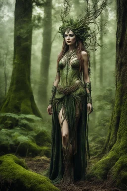 Photography HD realistic full body portrait natural beauty of a forest dryad enchantress , with highly detailed, sharply lined facial features, in the deep forest of Brokilon , finely inked, in rustic colors, 4k