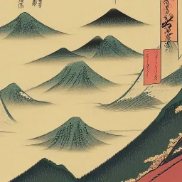 Ukiyo-e style illustration of mountain landscape gold high detail