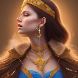 a princess with a lot of jewellery, beautiful long brown hair, gold lipstick, blue eyes,with feather dramatic, dramatic lighting, pixar style, volumetric lighting, hyperrealism, 8k, high quality, photorealistic, lot of details