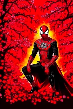 Spider-Man in black and red kimono background the Sakura tree