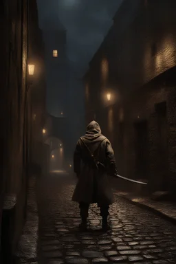 3d, medieval, male, 30 years old, intimidating, armored bandits, cobble street alley background, midnight