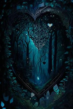 dark fantasy, intricate cover, a whimsical fairytale, heart made of glass with dark forest inside