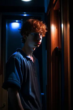 A profile photo of a stocky teen boy, wearing underwear, standing in an empty doorway, night scenery behind, full moon in the sky, messy red hair, handsome face, warm indoor lighting, cinematic photography, high resolution, high quality, highly detailed.