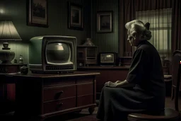 in bedroom episode #6 premise: an old widow woman realizes her music is a live performance & that the performers can see her & perceive her thoughts. series. fictitious runaway hit 1960's color tv show scifi fantasy dystopian wifi lore themed vintage scripted series photo real surrealistic