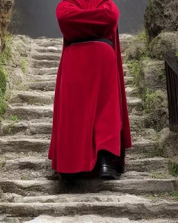 mysterious epic wizard walks up a tall stone stair case, lightning flashes in the sky, he is hurried, ragged red robes, carrying a staff with a crystal on the top