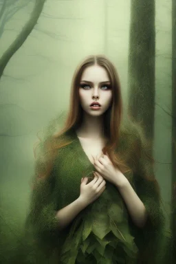 Beautiful pretty girl in picture in foggy forrest afternoon, 8k resolution, super hd detail realístic, fantasy