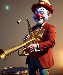 happy old friendly clown with round head and trimmed beard playing jazz with a steampunk theme, trumpet on mouth, carnival, dreamy