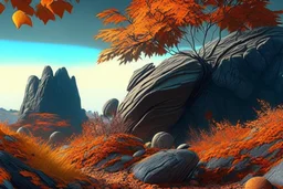 autumn vegetation, one exoplanet in the horizon, big stones, cliff, surrealistic, sci-fi.