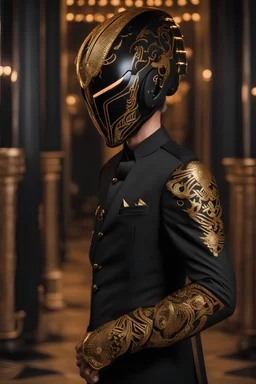 A man Male model wearing a CYBER PUNK EDM EQUALIZER LED HELMET But it's a EDM Neon style black with gold pattern luxury style. He wore an black suit with golden ancient Greek patterns. The forearm for sale has a red leopard tattoo and the right arm has a gold dragon tattoo. Wear black gloves. Make a standing posture and hold the tip of your right hand with your right hand. half body.