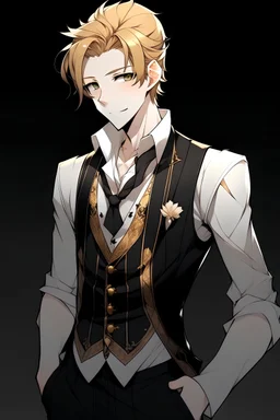 Anime boy at a masquerade ball wearing fitted waistcoat, stark black against the crisp white of his button-up. His sleeves were loosely rolled up to reveal toned forearms. Still, the top two buttons of his shirt had been purposefully left undone, his golden hair artfully ruffled and his braid falling down his back gracefully