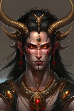 Agrona can be described as handsome, with smooth skin and a sharp jaw. He has vibrantly scarlet eyes and massive horns sprouting from the sides of his black hair like an elk's antlers, except shiny and black, each coming to a spear-sharp point. His horns have several gold and silver rings wrapped around the many prongs, and bejeweled chains also trace the lines of the horns.