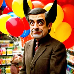 Surreal full color photography, clever and ironic satire of the Wolverine with face of Mr. Bean who is attempting to purchase helium balloons. The background is a helium balloon store.