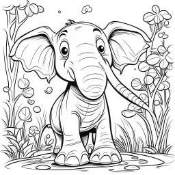 cartoon illustration, coloring book page, happy elephant, nature, black and white, clean