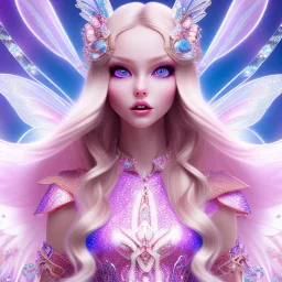  beautiful, soft, whide smile face,whole head,see full head, long blonde straight hair, blue eyes, fairy wings on the back, transparent crystal blue and pink clothes, background blue and pink, big definition, 8K