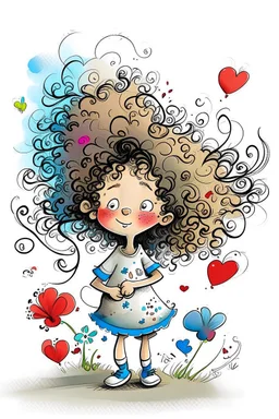 Whimsical stylized illustration of a cute toddler girl with an enormous, chaotic cloud of frizzy curly hair, scribbly hair textures with colorful tiny flowers tucked in, head tilted back with a smug mischievous grin and closed eyes. She is in a dynamic, playful wide-legged stance, leaning low to one side with one hand on her knee. Wearing an oversized white t-shirt and baggy cream pants featuring large, bold retro 70s floral patterns in blue, red, and yellow. BING