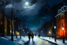 oil paint, people walking at night on a snowy street, night lights, colours, trees without leaves, moon behind clouds, extra ordinary details