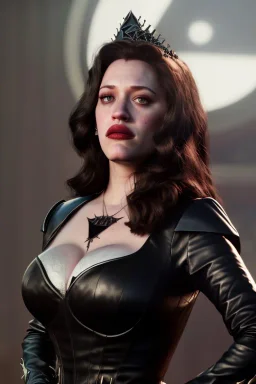 Kat Dennings as evil queen in black leather gown, cleavage, angry, stern look, unreal 5, octane render,cinema4d, dynamic lighting, dramatic lighting, 4k, redshift render, highly detailed, hyper realistic