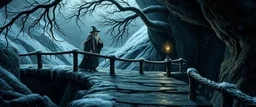 portrait of wizard on the bridge, Beneath the frozen boughs he strode, Where glassy frost did bite the road. The bridge did arch o’er shadowed flood, And whispering waters ran like blood. Each step a ghost, each breath a flame, The cavern shivered at his name. *(Verse II)* From corner dark, a rustle, a squeak, A nimble shadow, clever and meek. Its eyes did glimmer with childish guile, Yet laughter edged with malice vile. This creature small, yet fearsome bound, The