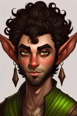 Brown elf with pointy ears and super curly black hair with a beard and black eyes