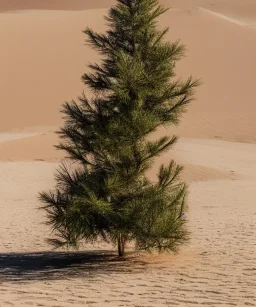sandy festive Christmas tree in a vast desert with dunes