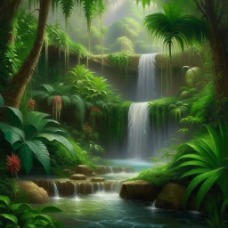 "Create a stunning and tranquil depiction of a lush, tropical waterfall. The waterfall should be surrounded by vibrant, lush greenery, with cascading water that glistens in the sunlight. Capture the sense of serenity and majesty in this natural wonder, making it a breathtaking focal point in the scene. Use your artistic talents to emphasize the play of light and shadow on the cascading water and the surrounding vegetation to convey the beauty and tranquility of the scene."