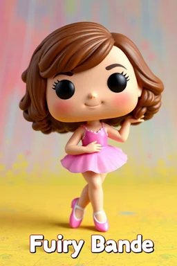 Funko Pop, very young female, medium wavy brown hair, pink ballerina dress, dance pose, smiling, very happy, colorful background, allowing visibility of the figure, typography, 3D render.