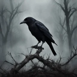 "Generate a high-resolution image of a very macabre crow. The scene should be set in dim, shadowy lighting, giving the atmosphere a dark and eerie feeling. The crow should have sinister, menacing features, with ragged feathers, sharp talons, and piercing eyes that glow faintly. Ensure that the background is ominous, perhaps with hints of fog or a moonlit graveyard, adding to the overall spooky ambiance. The entire image should convey a sense of dread and mystery." resolution 60k