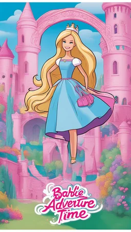 Create a vibrant and whimsical cover for Barbie's Adventure Time, a fun-filled activity book for all the dreamers out there! Barbie, dressed in her signature pink attire, is depicted embarking on a magical adventure, surrounded by lush landscapes, enchanted forests, and sparkling castles.