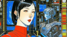 An illustration by Kuniyoshi and and Picasso of a tech-girl inside a futuristic matrix-grid.