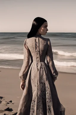 While her parents glided elegantly along the shoreline, Wednesday Addams wandered close to the crashing waves. Like Morticia and Gomez, she was attired not in typical beachwear but in a stylish Gucci ensemble. Wednesday wore a long-sleeved black lace dress that fell to her ankles. The intricate spiderweb pattern was finely woven into the fabric. Around her tiny waist was tied a ribbon sash the color of freshly spilled blood. On her feet were little patent leather Mary Janes, polished to a reflec