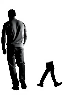 black silhouette of two adult men, one tall and muscular, the other short and thin, walking away from the camera on solid white background