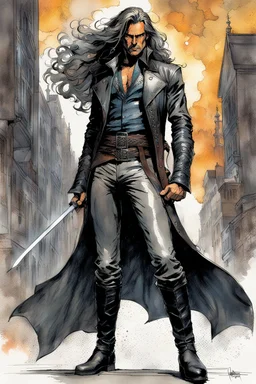 Create a fine art print , full body illustration of a haggard epic fantasy sword and sorcery character with long flowing hair , finely lined and detailed facial features, in an laced leather jerkin, grey leather breeches , a short oriental belted sash at the waist, stealthy soft leather slippers, , in the comic book style of Bill Sienkiewicz, Howard Chaykin, Mike Mignola, Philippe Druillet, and Jean Giraud Moebius, precisely drawn, colored and inked