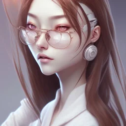 Seting Korean gamer girl , long Brown hair, White headfone, hands on the Chen, round circle glasses ,elemental face, Unreal Engine 5, highly detailed, highest quality, digital painting, complex 3d render, unreal engine render, insane detail, intricate photograph quality, magnificent, highly intricate, Realistic photography