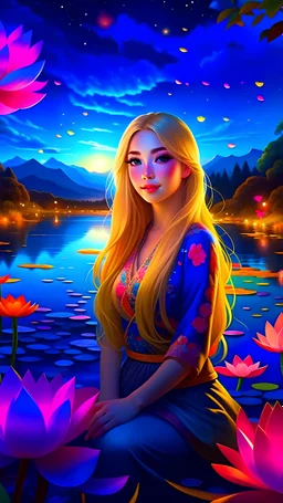 "Craft a captivating digital painting featuring a pretty anime girl, her long, soft, shiny golden hair cascading around her. Her lovely bright blue eyes captivate the viewer as she stands surrounded by a serene lake adorned with pink lotus flowers. The girl is fully dressed in gorgeous glowing lotus flowers, set against a backdrop of a glowing night sky filled with vivid colors. Your artwork should transport the audience into a scene of tranquility and beauty, inviting them to lose themselves in