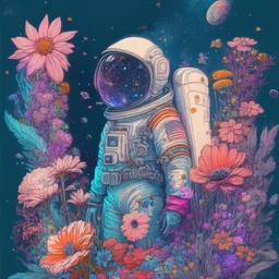 "floral astronaut" hand-drawn digital art, flowers everywhere, colorful garden, beautiful galaxy, REALISTIC, anime, 4k, high resolution, full details, 2560x1600