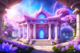 tempio magico di un altro pianeta con tetto aperto in stile ferico con natura e fiori rosa e azzurri e cristalli e gemme in giardino con due colonne di luce e cielo aperto luminoso