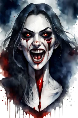 watercolor drawing of beautiful vampire woman with long fangs with blood, on a white background, with long fangs, with long fangs, Trending on Artstation ::{creative commons}:: Illustration :: Color Grading:: Filmic, Nikon D750, Brenizer Method, Perspective, Depth of Field, F/2.8, Lens Flare, Tonal Colors, 8K, Full-HD, ProPhoto RGB, Perfectionism, Rim Lighting, Natural Lighting, Soft Lig