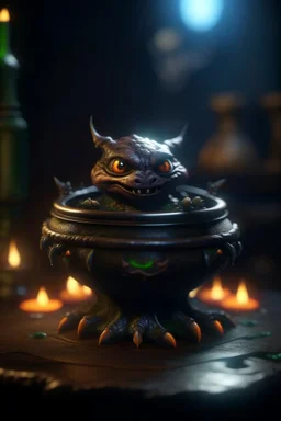 nightmare, cauldron with shining sigil and containing a slightly alien furry gremlin in it, prize winning oil painting, ,bokeh like f/0.8, tilt-shift lens 8k, high detail, smooth render, down-light, unreal engine