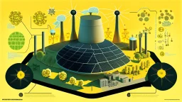 "The image illustrates the concept of nuclear energy and its environmental impact. It portrays a modern nuclear reactor alongside arrangements of solar panels, symbolizing the use of multiple sources for safe and sustainable energy generation. The image strikes a balance between technology and the environment, reflecting the complex content of the article and the influence of energy on the natural world."