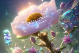 one big crystal subtle flower in a galactic ambiance with a very little beautiful fairy, transparent petals, delicate colors, in the foreground, full of details, smooth, bright sunshine，soft light atmosphere, light effect，vaporwave colorful, concept art, smooth, extremely sharp detail, finely tuned detail, ultra high definition, 8 k, unreal engine 5, ultra sharp focus