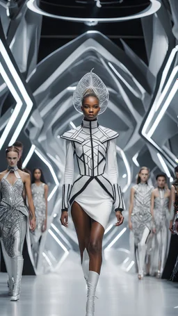 a captivating scene from a futuristic fashion runway, featuring models adorned in avant-garde, otherworldly outfits. Pay attention to the details of the clothing, accessories, and the dynamic atmosphere of the runway